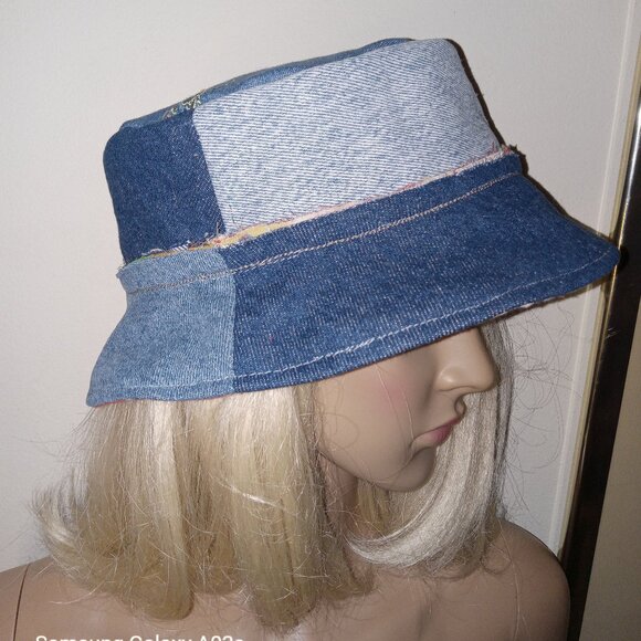 Kantha & Denim Bucket Hat Reversible Green Marigold Red Black Handmade BHAT8. - Picture 6 of 8